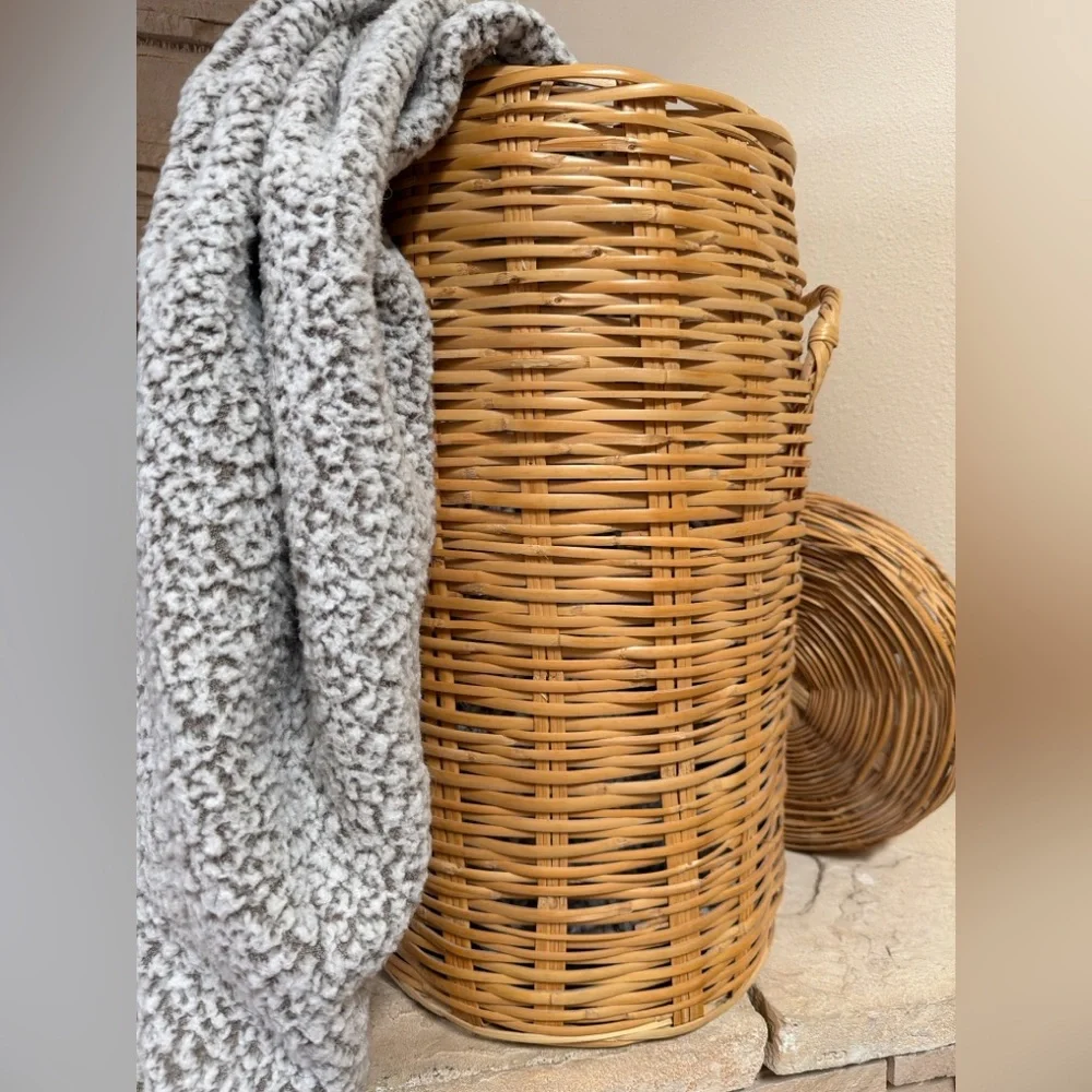 Vintage Wicker Storage Basket w/ Lid | Tall Boho Rattan Blanket Hamper